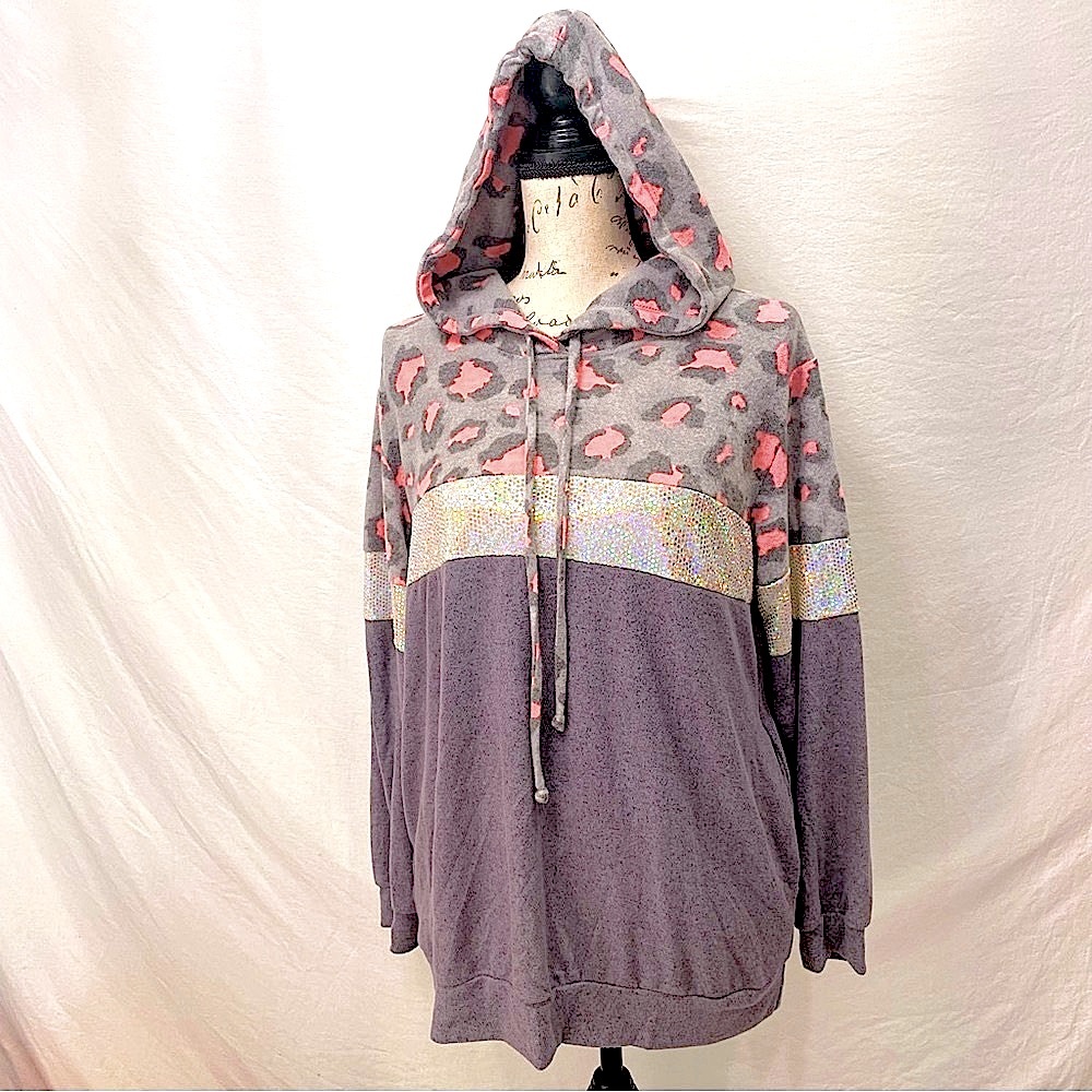 Sequin Embellished Pink and Gray Animal Print Attached Hood Sweatshirt NWT S